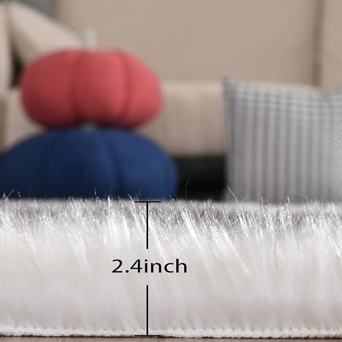ORINOVA White and Grey Shaggy Round Rugs 6.6ft Large Circle Washable Faux Sheepskin Furry Fur Rugs for Bedroom Living Room Nursery Rug Home Décor