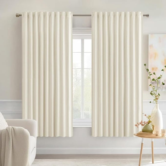 MIULEE Beige White Back Tab Blackout Curtains 63 Inch Length 2 Panels Set for Living Room Bedroom Privacy, Rod Pocket/Pinch Pleat Thermal Insulated Room Darkening Pleated Light Blocking Drapes