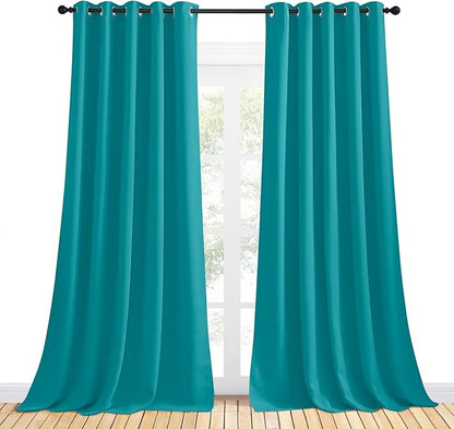 NICETOWN Thermal Insulated Peacock Teal Curtains for Living Room, Window Treatment Solid Grommet Room Darkening Drape Panels for Bedroom (Set of 2, 70 by 95 inches Long)