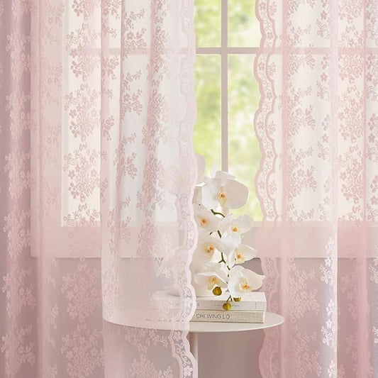 YJ YANJUN Vintage Lace Curtains Short Pink Floral Curtains 54 inch Length 2 Panels for Kitchen Living Room Bedroom Bathroom Window Voile Sheer Panels Baby Girl Nursery Decor 52" W x 54" L, Pink