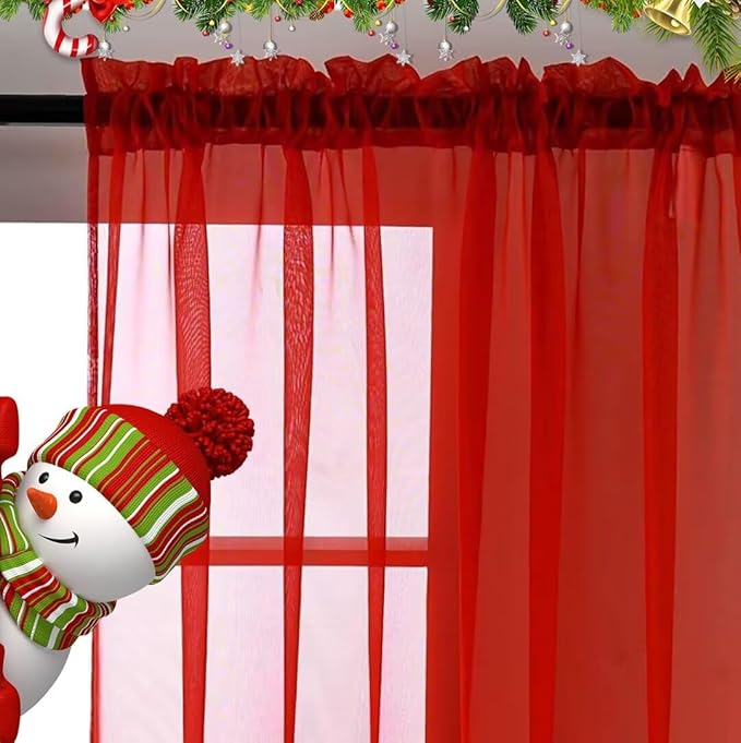 SpaceDresser Basic Rod Pocket Sheer Voile Window Curtain Panels White 1 Pair 2 Panels 42 Width 45 Inch Long for Kitchen Bedroom Children Living Room Yard(Red,42 W x 45 L)