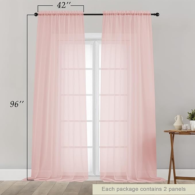 Blush Sheer Curtains for Bedroom Living Room 96 Inches Long 2 Panels, Modern Airy Soft Lightweight Rod Pocket Light Filtering Sheer Curtains Drapes, Blush, Each 42" Wx96 L Inch