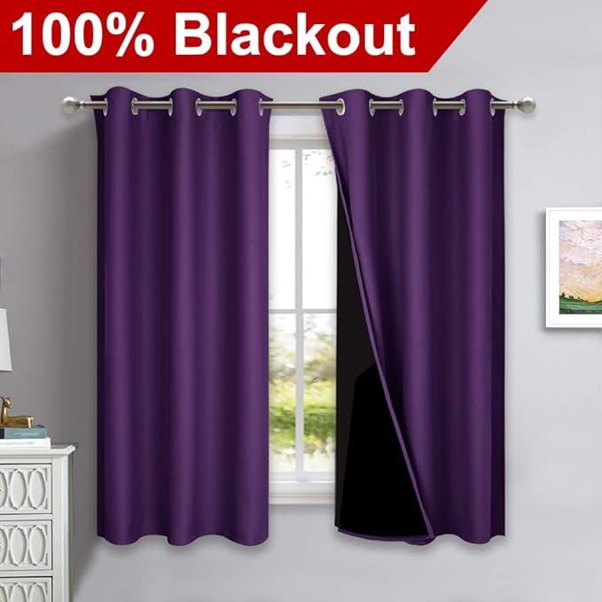 NICETOWN 100% Blackout Room Warming Curtains 45 inches Long, Royal Purple, 2 Panels, 42-inch W, Thermal Insulated Full Blackout 2-Layer Lined Curtains, Energy Efficiency Window Drapes for Dining Room