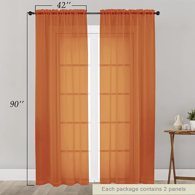 Sheer Orange Curtains for Bedroom Living Room 90 Inches Long 2 Panels Set, Soft Airy Light Filtering Sheer Window Treatments, Modern Rod Pocket Curtains Drapes, Each 42" Wx90 L Inch