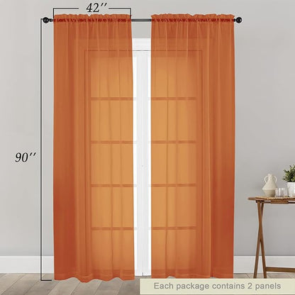 Sheer Orange Curtains for Bedroom Living Room 90 Inches Long 2 Panels Set, Soft Airy Light Filtering Sheer Window Treatments, Modern Rod Pocket Curtains Drapes, Each 42" Wx90 L Inch