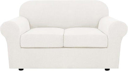 H.VERSAILTEX 3 Piece Stretch Sofa Covers for 2 Cushion Loveseat Couch Covers for Living Room Sofa (Base Cover Plus 2 Seat Cushion Covers) Thicker Jacquard Fabric (Medium Sofa, Porcelain White)