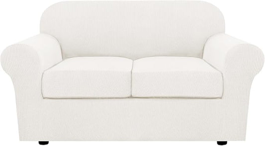 H.VERSAILTEX 3 Piece Stretch Sofa Covers for 2 Cushion Loveseat Couch Covers for Living Room Sofa (Base Cover Plus 2 Seat Cushion Covers) Thicker Jacquard Fabric (Medium Sofa, Porcelain White)