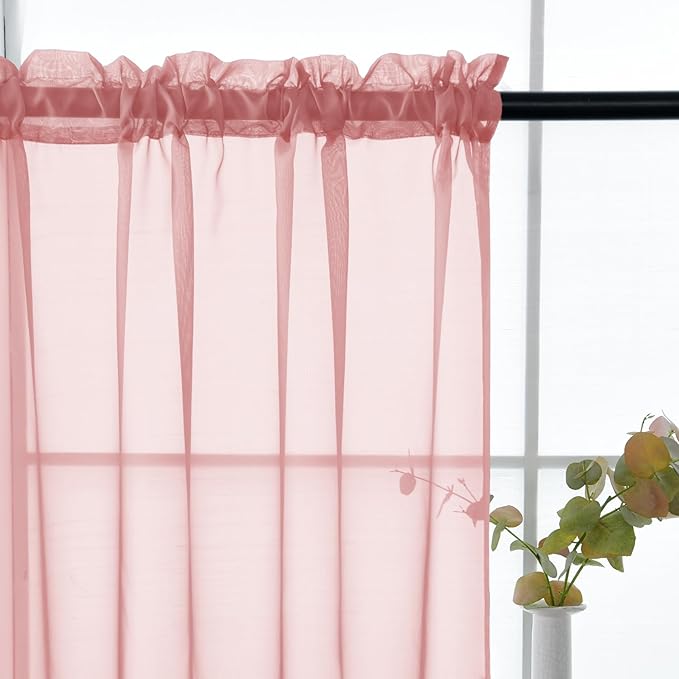 youleyar Solid Sheer Rod Pocket Curtain Voile Draperies 2 Panels White Beige Black Grey Coffee 52 Inch Width 45 Inch Long 1 Pair for Kitchen Bedroom Children Living Room Yard (Blush,52Wｘ45L)
