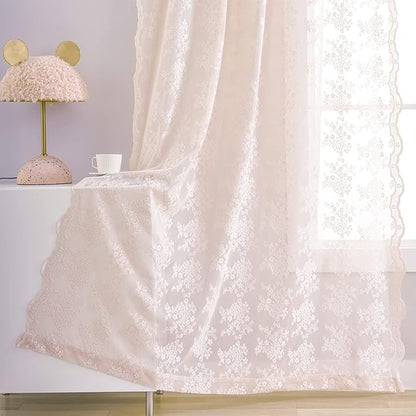 YJ YANJUN Vintage Lace Curtains 63 Inch Length 2 Panels Set Cute Floral Designs Dusty Pink Sheer Curtain Panels for Girls Bedroom with Wavy Edge Rod Pocket, 52 x 63 Inch, Blush Pink