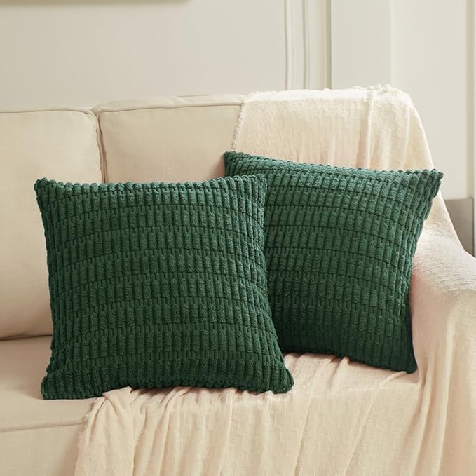 Fancy Homi Set of 4 Dark Green Boho Decorative Throw Pillow Covers 24x24 Inch for Couch Bed Sofa, Aesthetic Modern Bohemian Room Decor, Soft Fuzzy Fluffy Cozy Corduroy Textured Cushion Case 60x60cm