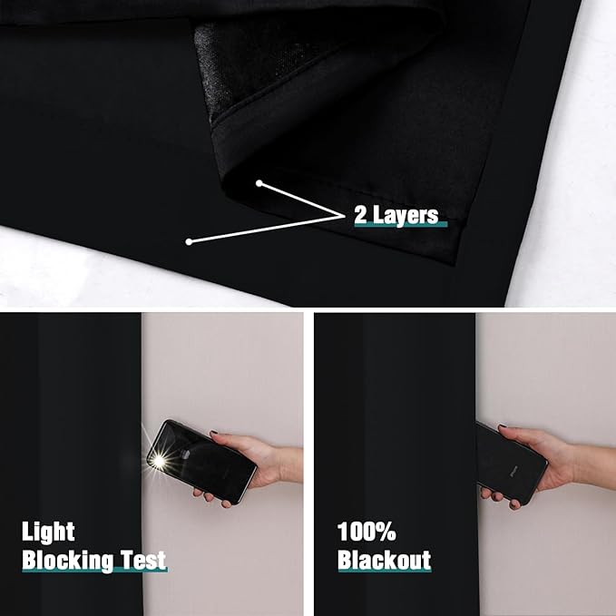 ChrisDowa 100% Blackout Curtains for Bedroom with Black Liner, 2 Thick Layers Total Blackout Thermal Insulated Grommet Window Curtains 2 Panels Set (Black, 42 x 63 Inch)