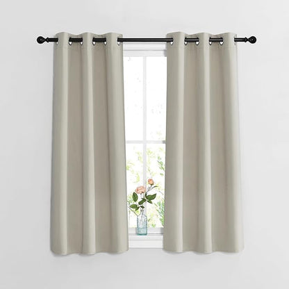 NICETOWN Blackout Bedroom Curtains 48 inches Long - Window Treatment Thermal Insulated Solid Grommet Room Darkening Privacy Sound Reducing for Kitchen (Natural, Set of 2, W37 x L48)