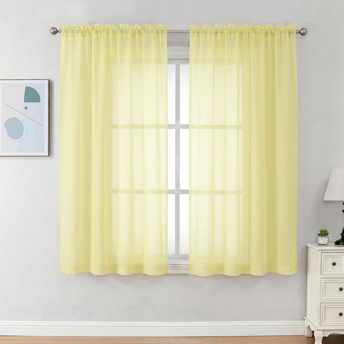 Chyhomenyc Sheer Curtains 63 Inch Length 2 Panels Set - Light Filtering Rod Pocket Window Curtain Treatment Drapes for Bedroom Living Room, 42Wx63L Inch, Light Yellow