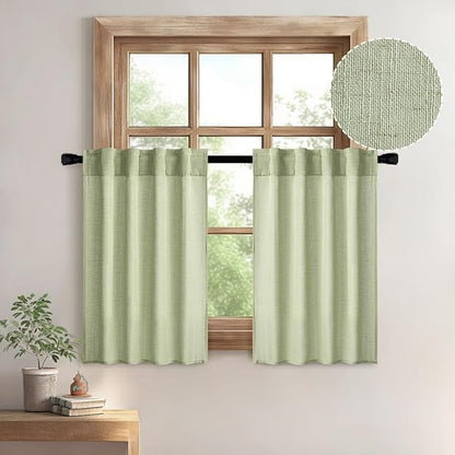 MIULEE Sage Green Kitchen Curtains 30 Inch Length 2 Panels, Soft Thick Linen Textured Semi Sheer Light Filtering Short Cafe Tier Curtains for Small Half Window Bathroom Laundry Back Tab Rod Pocket