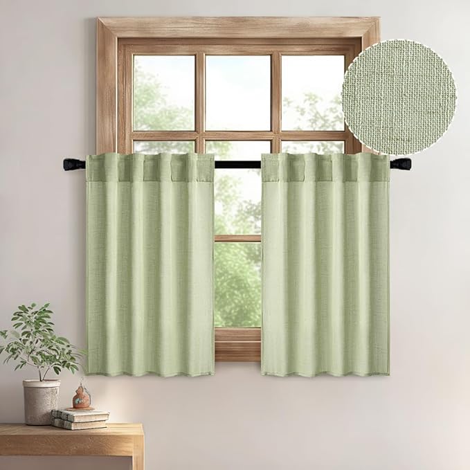 MIULEE Sage Green Kitchen Curtains 36 Inch Length 2 Panels, Soft Thick Linen Textured Semi Sheer Light Filtering Short Cafe Tier Curtains for Small Half Window Bathroom Laundry Back Tab Rod Pocket