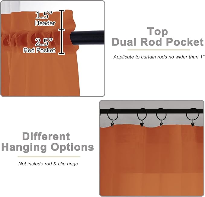 Sheer Orange Curtains for Bedroom Living Room 90 Inches Long 2 Panels Set, Soft Airy Light Filtering Sheer Window Treatments, Modern Rod Pocket Curtains Drapes, Each 42" Wx90 L Inch