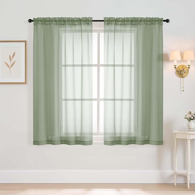 Sage Green Window Sheer Curtains 54 inch Length, Soft Airy Light Filtering Sheer Curtain 2 Panels Set, Dual Rod Pocket Gauze Drapes for Living Room Bedroom, 2x42Wx54L Inches