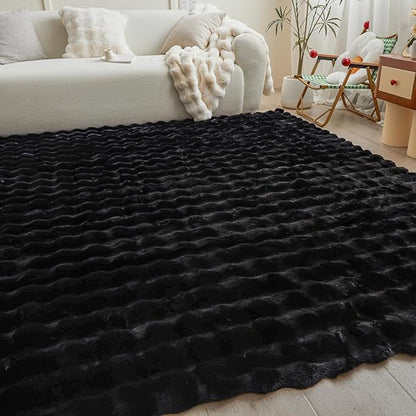 Black Rabbit Plush Rug 6'x9', Fluffy Faux Fur Shaggy Area Rug for Nursery, Kids Room Decor, Soft Fuzzy Carpet for Living Room, Bedroom, Teen Girls Room