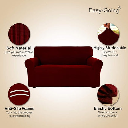 Easy-Going Stretch Sofa Slipcover 1-Piece Sofa Cover Furniture Protector Couch Soft with Elastic Bottom for Kids, Polyester Spandex Jacquard Fabric Small Checks (Sofa, Wine)