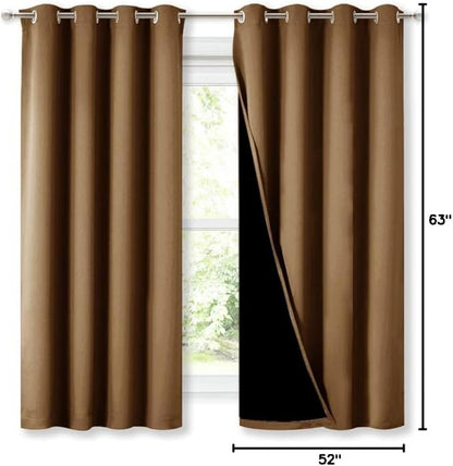 NICETOWN 100% Blackout Lined Curtains, Totally Darkness Drapes with Silver Grommet, Thermal Insulated Drapes for Master Bedroom (Gold Brown, 1 Pair, 52 inches Width x 63 inches Length Each Panel)