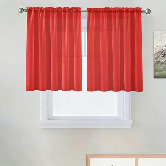SpaceDresser Basic Rod Pocket Sheer Voile Window Curtain Panels Red 1 Pair 2 Panels 52 Width 36 Inch Long for Kitchen Bedroom Children Living Room Yard（Red, 52W x 36L）