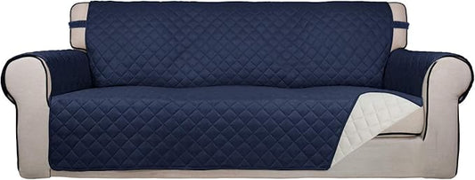 PureFit Reversible Quilted Sofa Cover, Water Resistant Slipcover Furniture Protector, Washable Couch Cover with Non Slip Foam and Elastic Straps for Kids, Dogs, Pets (Sofa, Navy/Ivory) Large