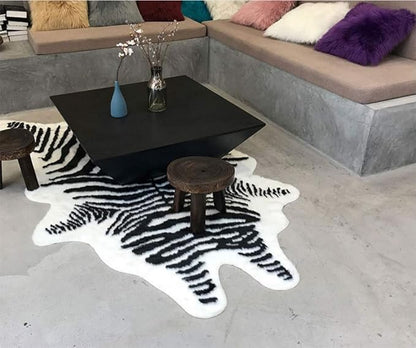 Zebra Print Rug Faux Animal Cowhide Skin Area Rug Leather Carpet Mat Large Size for Home Office Livingroom 5.2'x3.9'