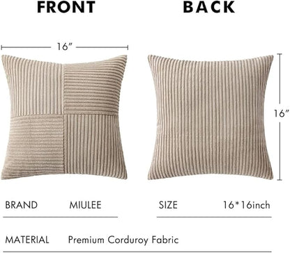 MIULEE Light Brown Decorative Throw Pillow Covers 16x16 Inch for Couch Bed Sofa Pack of 2 Boho Neutral Farmhouse Throw Pillows Soft Cross Corduroy Patchwork Textured Cushion Cases