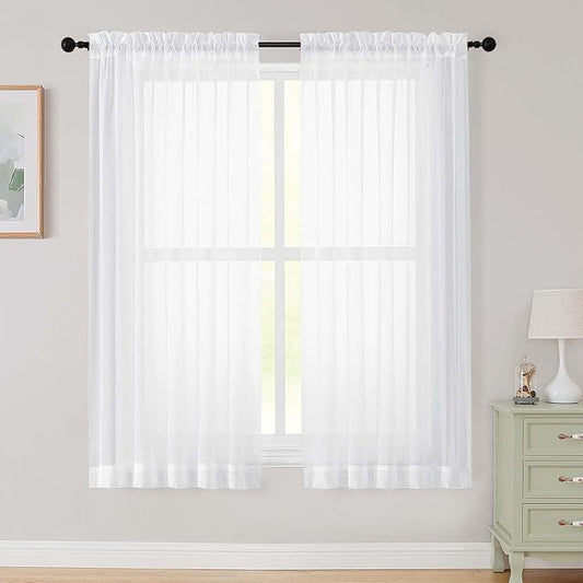White Sheer Curtains 63 Inch Length 2 Panels Set for Living Room Bedroom, Airy Soft Light Filtering Sheer Dining Room Curtains, Modern Rod Pocket Drapes, White, Each 42" Wx63 L