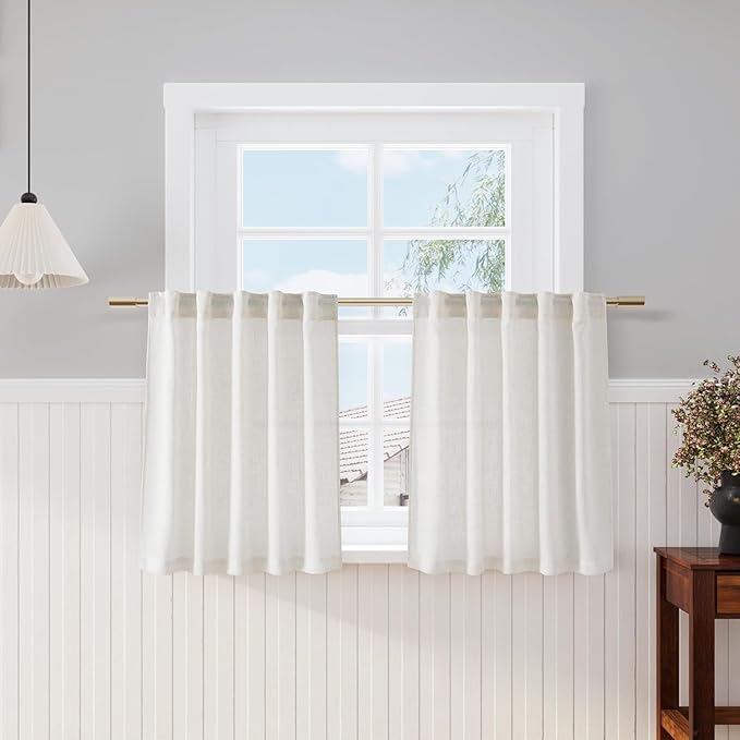 Nanspring 30 Inch Long Cream Curtains for Kitchen Linen Blend Semi Sheer Light Filtering Back Tab and Rod Pocket Rustic Farmhouse Decor for Bathroom Small Window Curtain 29 x 30 Inch, 2 Panels