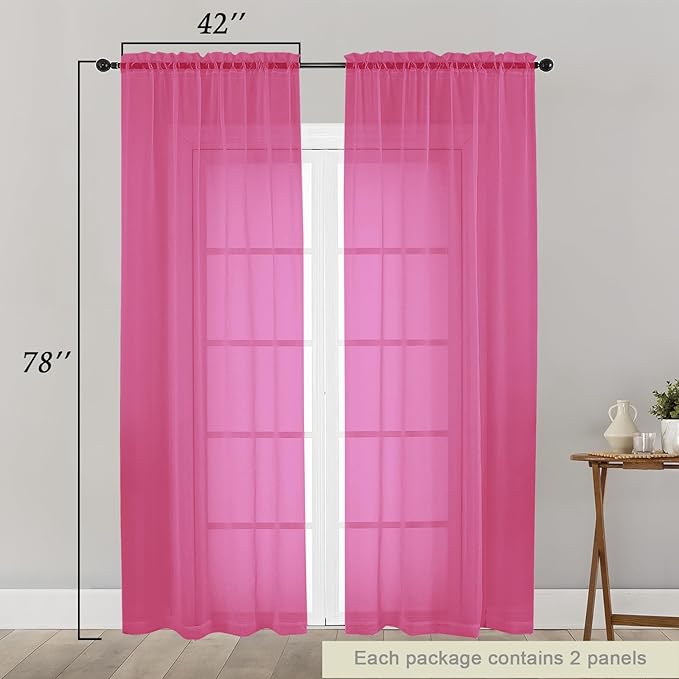 Hot Pink Sheer Curtain for Bedroom Living Room 78 Inches Long 2 Panels Set, Solid Soft Airy Light Filtering Sheer Window Curtains, Modern Rod Pocket Door Curtain, Hot Pink, 42" Wx78 L Inches