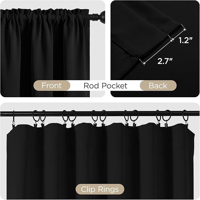 CUCRAF Black Blackout Curtains 84 inch Length 2 Panels Set, Rod Pocket Room Darkening Drapes for Bedroom Living Room, Insulated Thermal Light Blocking Window Curtain (W52 x L84 Inch)