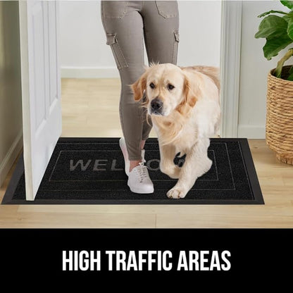 GORILLA GRIP 100% Waterproof All-Season WeatherMAX Doormat, US Designed Natural Rubber, Stain and Fade Resistant, Low Profile Indoor Outdoor Door Mats, Easy Clean Patio Mat, 29x17, Black Welcome