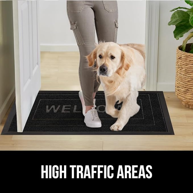 GORILLA GRIP 100% Waterproof All-Season WeatherMAX Doormat, 47x35, US Designed Natural Rubber, Stain and Fade Resistant, Low Profile Indoor Outdoor Door Mats, Easy Clean Patio Mat, Black Welcome