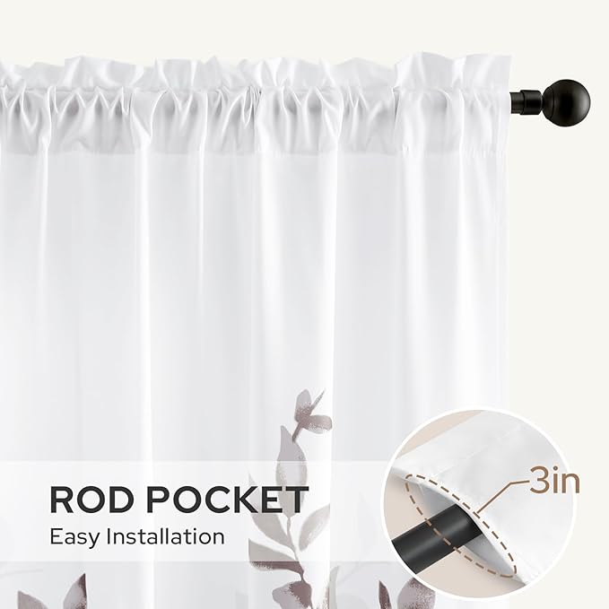 HOMEIDEAS Non-See-Through Dry Rose and White Privacy Sheer Curtains 52 X 63 Inch Length 2 Panels, Leaf Floral Printed Light Filtering Semi Sheer Window Curtains Drapes for Bedroom Living Room