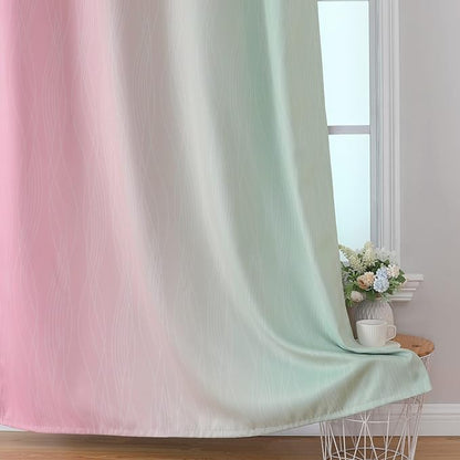 Estelar Textiler Ombre Sage Green and Pink Blackout Curtains for Living Room, Thermal Insulated Full Room Darkening Grommet Gradient Blackout Drapes for Bedroom, 52Wx72L, One Pair