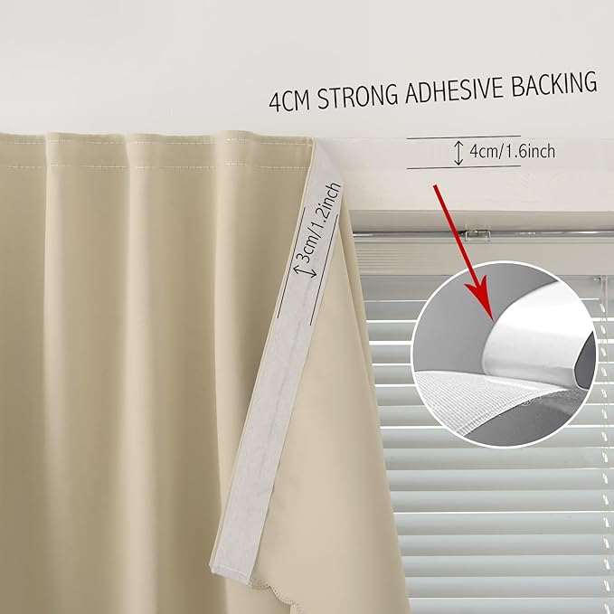 Self Adhesive Portable Blackout Curtains for Bedroom Easy to Install Window Thermal Lnsulated Kitchen Room Darkening Small Window Curtains, 47" W X 96" L, Beige, 1 Panel