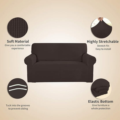 Easy-Going Stretch 4 Seater Sofa Slipcover 1-Piece Sofa Cover Furniture Protector Couch Soft with Elastic Bottom for Kids, Polyester Spandex Jacquard Fabric Small Checks Chocolate