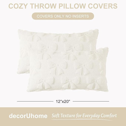 decorUhome Cream White Bow Pillow Covers Set of 2 Coquette Aesthetic Cute Preppy Plush Faux Pillowcases for Girly Bedroom or Couch 12x20 Inch