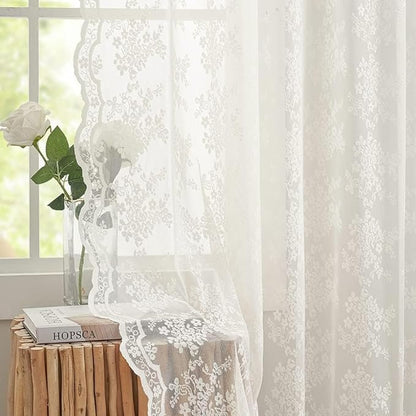 YJ YANJUN Vintage Lace Curtains Ivory Floral 105 inch Curtains 2 Panels for Living Room Rod Pocket Floor to Ceiling Drapes for Patio Sliding Glass Door Custom Scalloped Edges 52" W x 105" L Cream