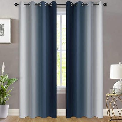 Yakamok Room Darkening Ombre Curtains 84 Inch Length, Navy Blue and Greyish White Thermal Insulated Gradient Color Curtains,Light Blocking Grommet Window Drapes for Bedroom,52 Inch Width,2 Panels
