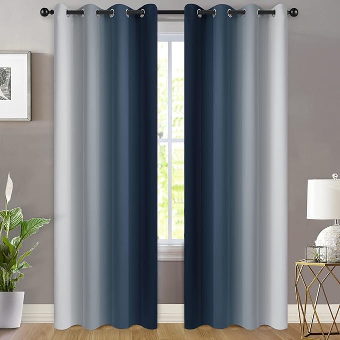Yakamok Room Darkening Ombre Curtains 96 Inch Length, Navy Blue and Greyish White Thermal Insulated Gradient Color Curtains,Light Blocking Grommet Window Drapes for Bedroom,52 Inch Width,2 Panels