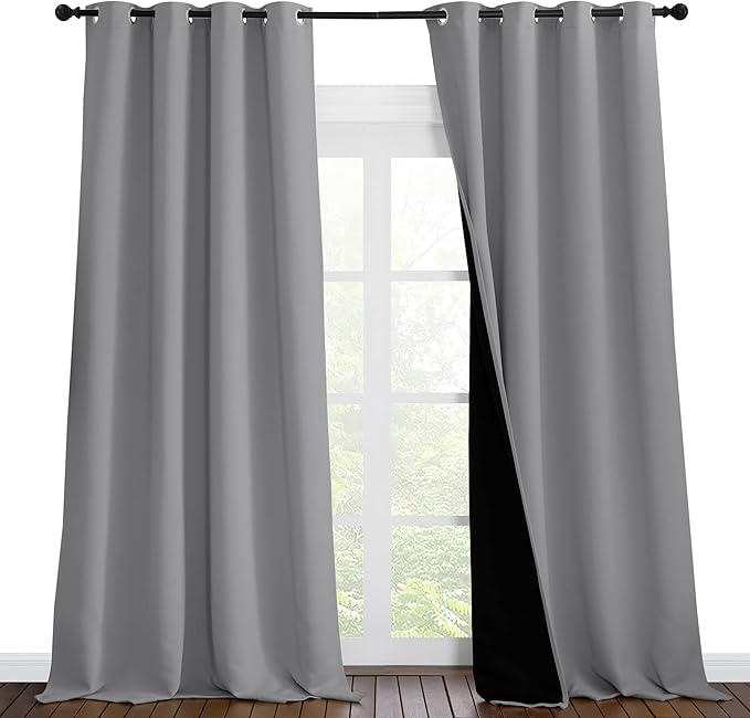 NICETOWN 100% Blackout Blinds, Laundry Room Decor Window Treatment Curtains for Large Patio Sliding Door, Thermal Insulated Silver Grey Curtains for Bedroom, Set of 2, 55 inches x 102 inches