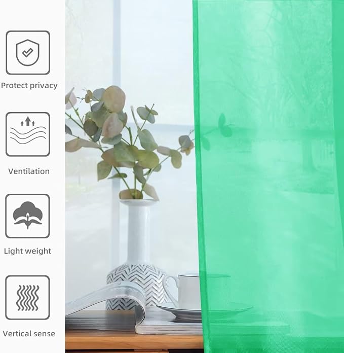 youleyar Solid Sheer Rod Pocket Curtain Voile Draperies 2 Panels White Beige Black Grey Ivory 52 Inch Width 84 Inch Long 1 Pair for Kitchen Bedroom Children Living Room Yard (Grass Green,52Wｘ84L)