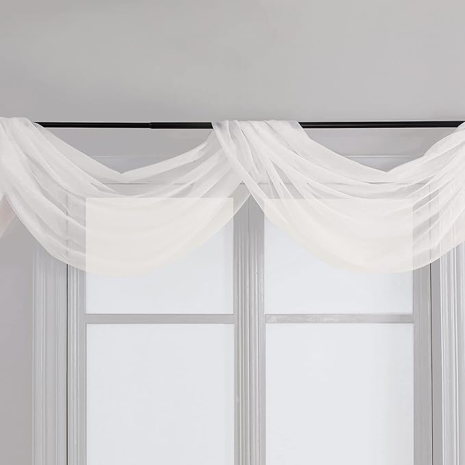 Chyhomenyc Ivory Sheer Scarf Valances for Windows 216 Inch Extra Long, Window Scarf Drapes Rod Pocket Backdrop for Wedding Arch Draping/Party/Canopy Bed/Living Room, 2PC, 18 Feet Length