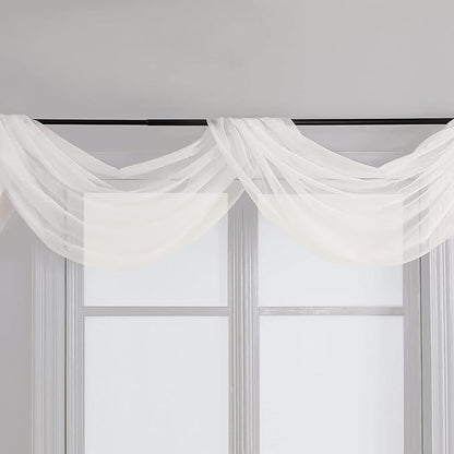 Chyhomenyc Ivory Sheer Scarf Valances for Windows 216 Inch Extra Long, Window Scarf Drapes Rod Pocket Backdrop for Wedding Arch Draping/Party/Canopy Bed/Living Room, 2PC, 18 Feet Length