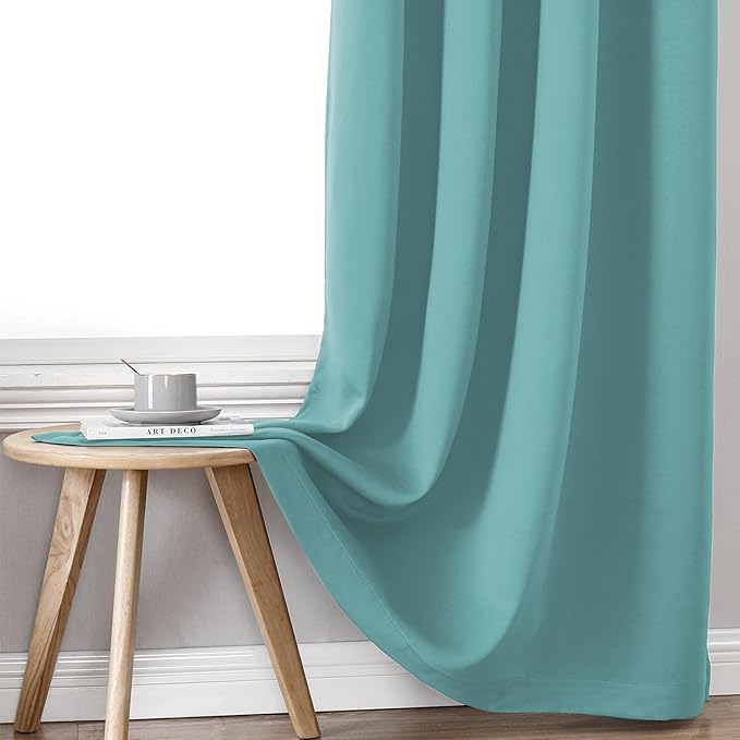 ChrisDowa 100% Blackout Curtains 45 inch Long for Bedroom with Black Liner, 2 Thick Layers Total Blackout Thermal Insulated Grommet Window Curtains 2 Panels Set (Aqua, 42 x 45 Inch)