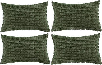 Fancy Homi 4 Packs Boho Olive Green Decorative Throw Pillow Covers 14x24 Inch for Couch Bed Sofa, Rustic Modern Farmhouse Home Decor, Soft Plush Corduroy Cute Square Cushion Case 35x60 cm