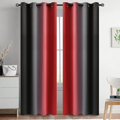 Yakamok Blackout Ombre Red and Black Curtains for Bedroom, Gradient Room Darkening Curtains, Grommet Thermal Insulated Light Blocking Window Drapes/Curtain for Living Room,52 x 84 Inch,2 Panels