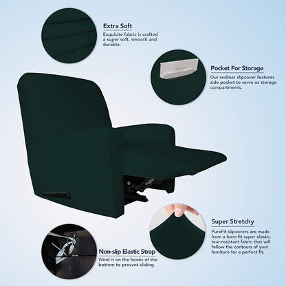 PureFit Super Stretch Chair Sofa Slipcover with Pocket – Spandex Non Slip Soft Couch Sofa Cover, Washable Furniture Protector with Elastic Bottom for Kids, Pets （Recliner, Deep Teal）